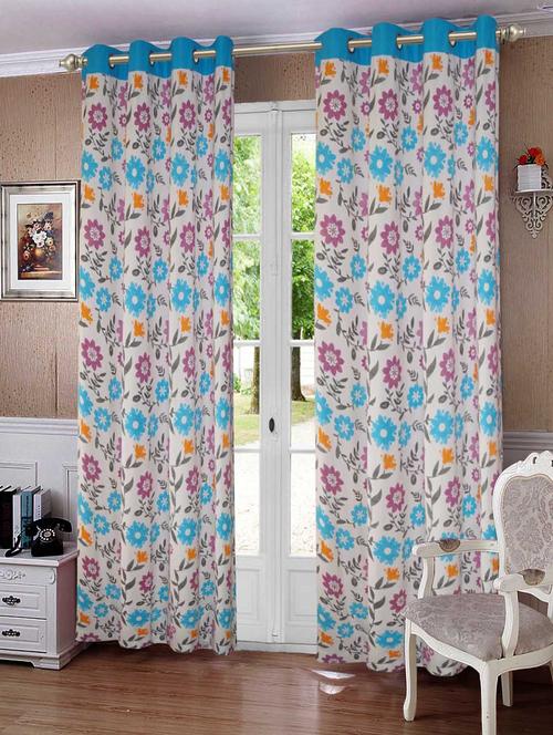 lushomes flower printed cotton curtains with 8 eyelets & plain tiebacks for long door (single pc) - 12929572 - Very Small Image - 1