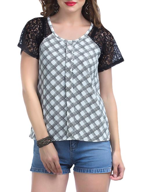 checkered pleated lace sleeve top - 12932189 - Very Small Image - 1