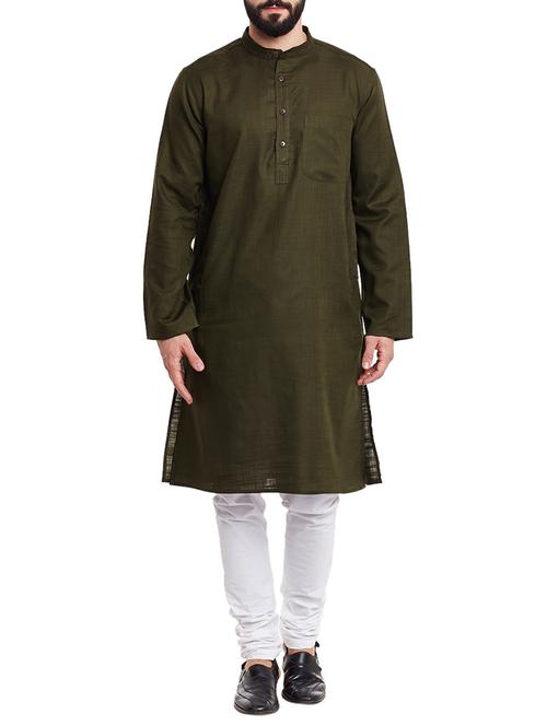 solid dark moss green cotton kurta - 12933972 - Very Small Image - 1