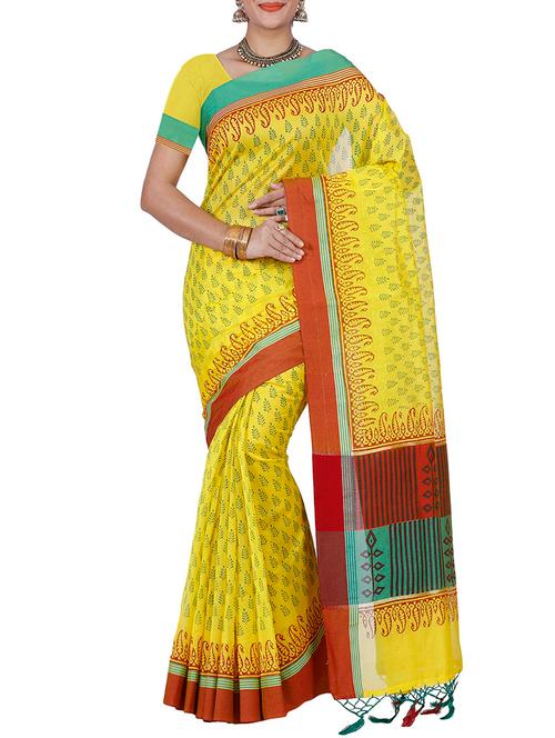 yellow cotton printed saree - 12934090 - Very Small Image - 1