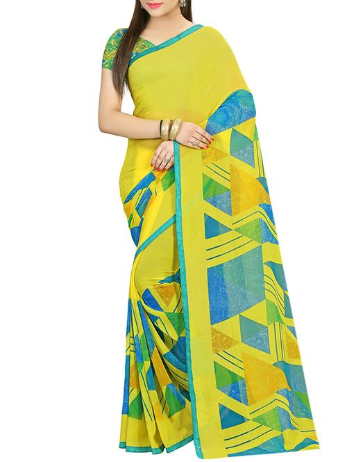 yellow georgette printed saree - 12934795 - Very Small Image - 1