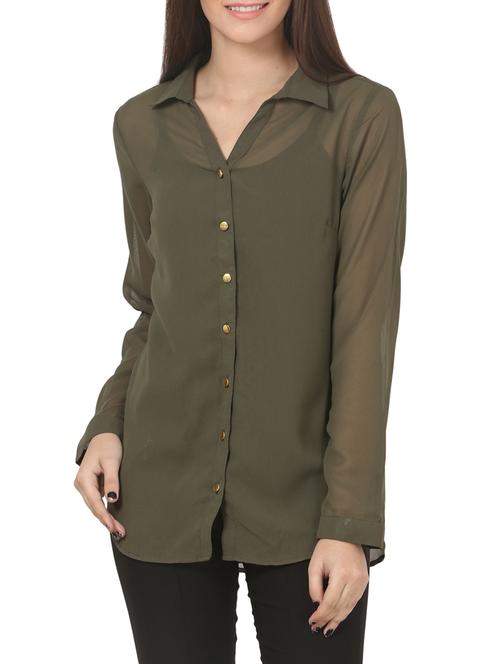 olive georgette regular shirt - 12939955 - Very Small Image - 1