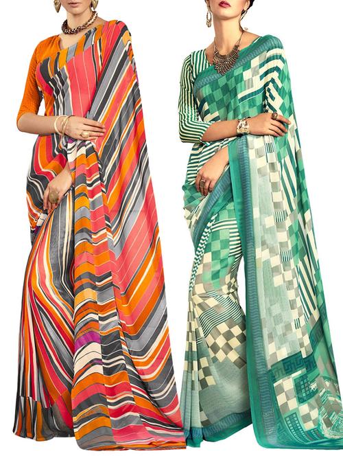 multicolored poly crepe saree combo (set of 2) with blouse - 12946436 - Very Small Image - 1
