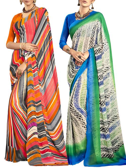 multicolored poly crepe saree combo (set of 2) with blouse - 12946441 - Very Small Image - 1