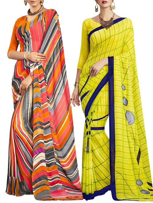 multicolored poly crepe saree combo (set of 2) with blouse - 12946443 - Very Small Image - 1