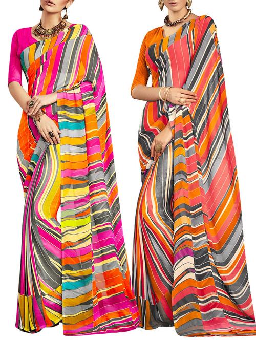 multicolored poly crepe saree combo (set of 2) with blouse - 12946445 - Very Small Image - 1