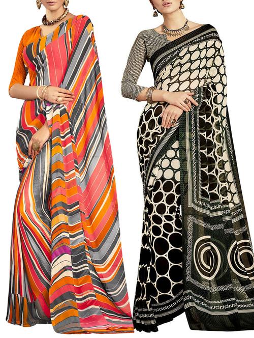 multicolored poly crepe saree combo (set of 2) with blouse - 12946447 - Very Small Image - 1
