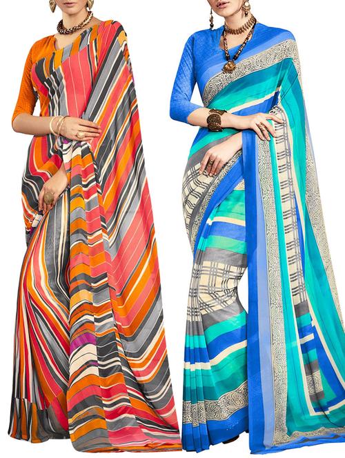multicolored poly crepe saree combo (set of 2) with blouse - 12946448 - Very Small Image - 1
