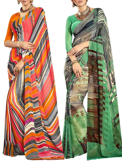 multicolored poly crepe saree combo (set of 2) with blouse - 12946453 - Very Small Image - 1