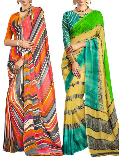 multicolored poly crepe saree combo (set of 2) with blouse - 12946454 - Very Small Image - 1