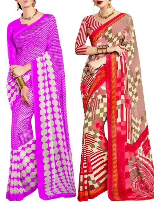 multicolored poly crepe saree combo (set of 2) with blouse - 12946464 - Very Small Image - 1