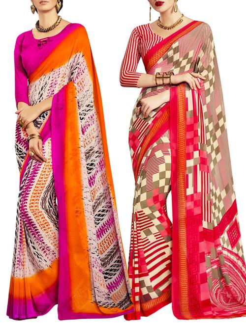 multicolored poly crepe saree combo (set of 2) with blouse - 12946515 - Very Small Image - 1
