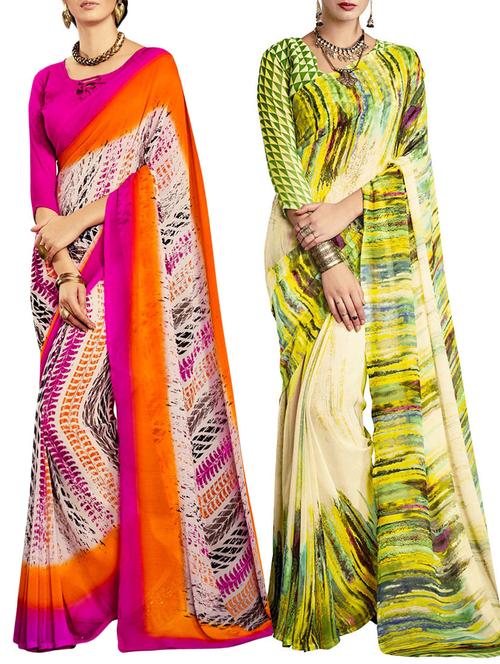 multicolored poly crepe saree combo (set of 2) with blouse - 12946527 - Very Small Image - 1