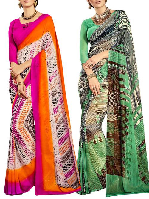 multicolored poly crepe saree combo (set of 2) with blouse - 12946531 - Very Small Image - 1