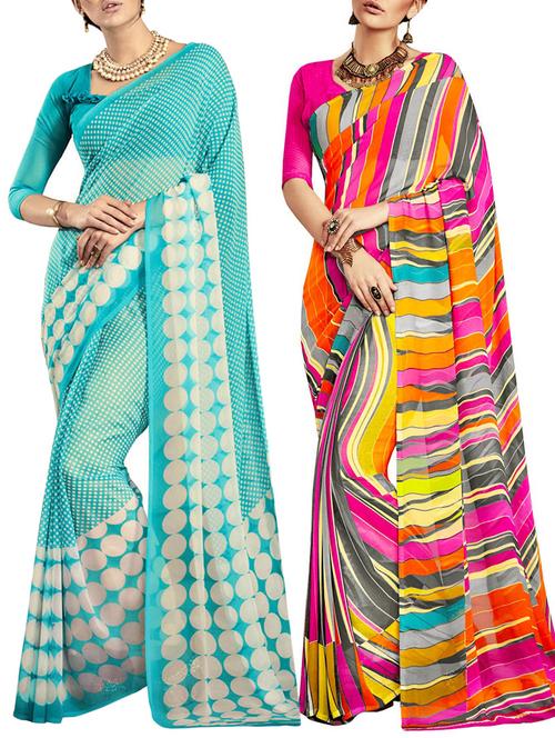 multicolored poly crepe saree combo (set of 2) with blouse - 12946547 - Very Small Image - 1
