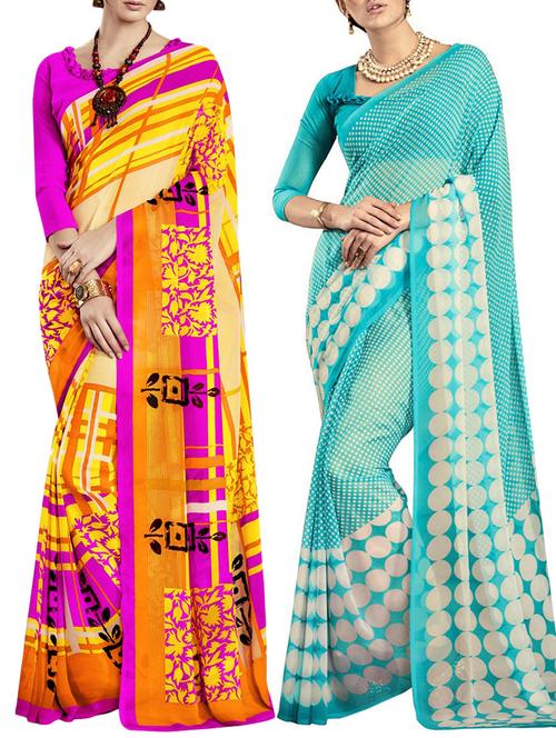 multicolored poly crepe saree combo (set of 2) with blouse - 12946554 - Very Small Image - 1