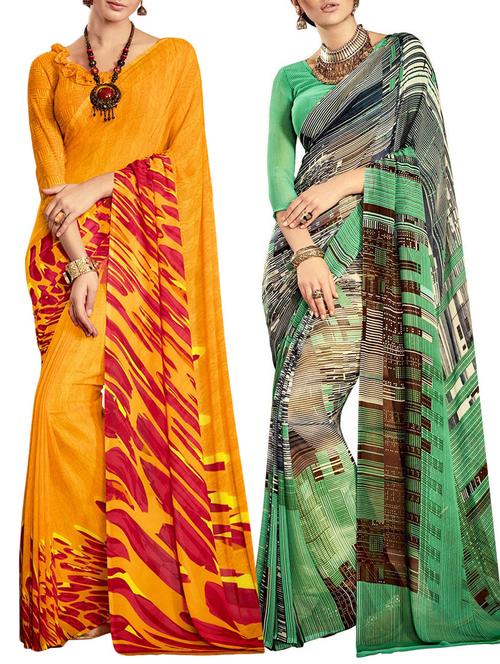 multicolored poly crepe saree combo (set of 2) with blouse - 12946578 - Very Small Image - 1