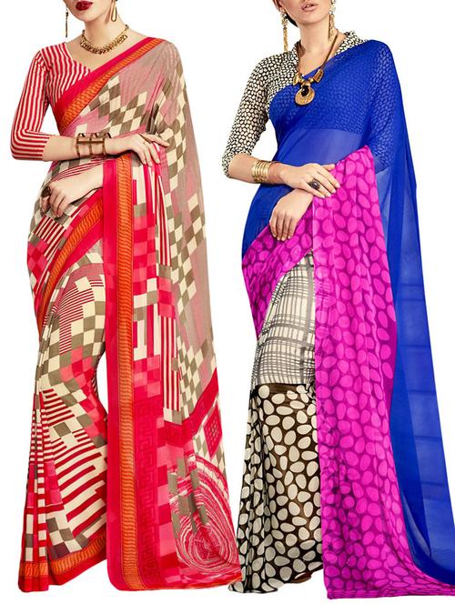 multicolored poly crepe saree combo (set of 2) with blouse - 12946584 - Very Small Image - 1