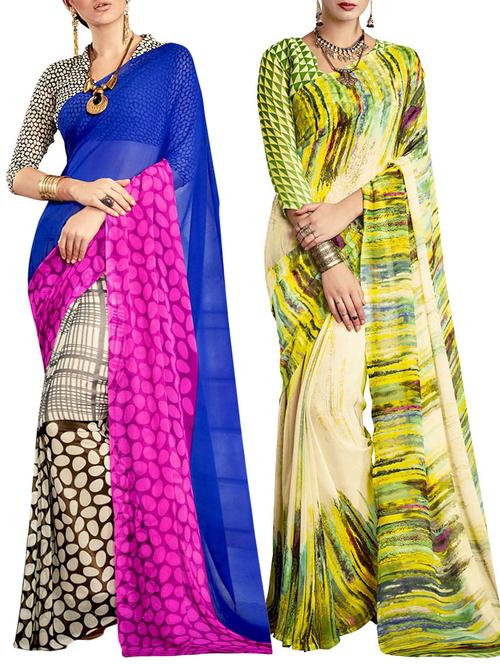 multicolored poly crepe saree combo (set of 2) with blouse - 12946596 - Very Small Image - 1