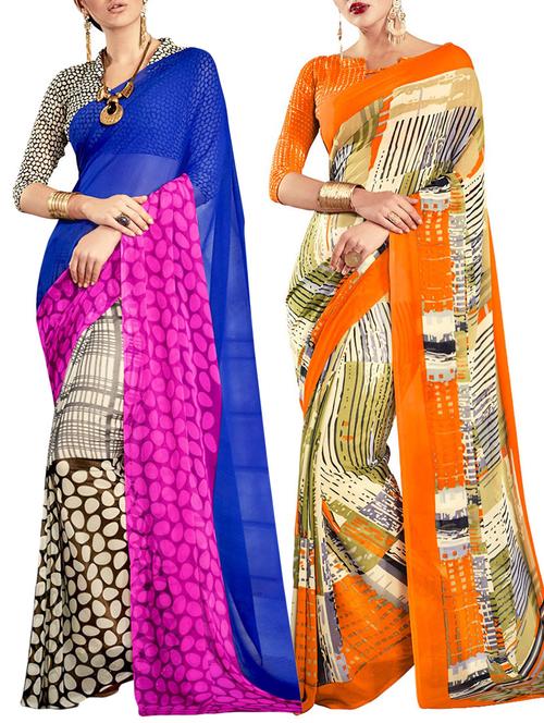 multicolored poly crepe saree combo (set of 2) with blouse - 12946602 - Very Small Image - 1