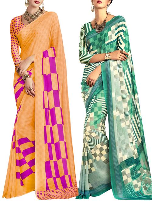 multicolored poly crepe saree combo (set of 2) with blouse - 12946604 - Very Small Image - 1