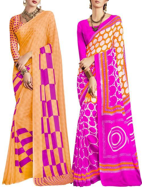 multicolored poly crepe saree combo (set of 2) with blouse - 12946608 - Very Small Image - 1