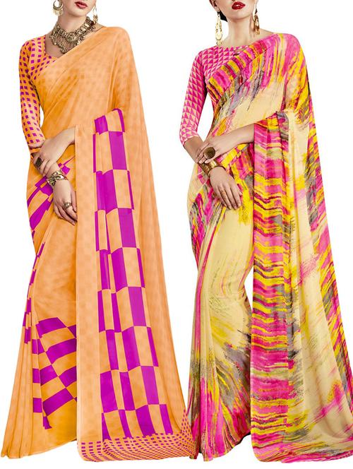 multicolored poly crepe saree combo (set of 2) with blouse - 12946612 - Very Small Image - 1