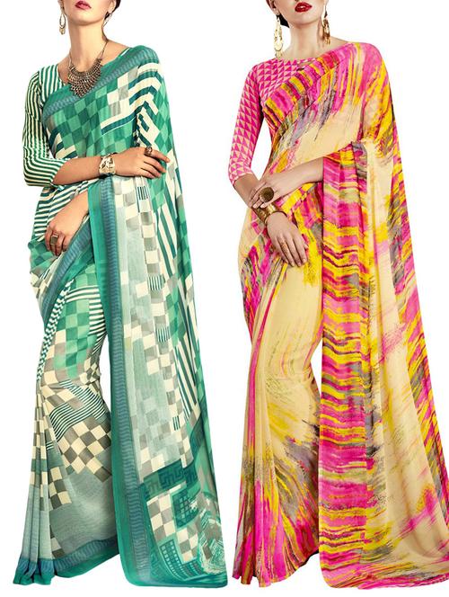 multicolored poly crepe saree combo (set of 2) with blouse - 12946651 - Very Small Image - 1