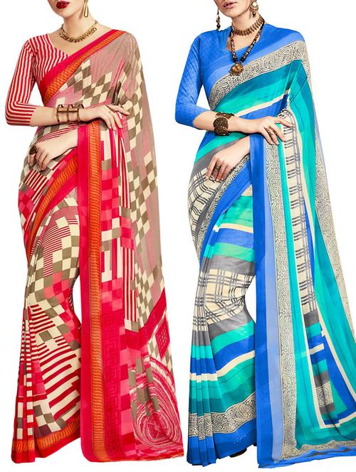 multicolored poly crepe saree combo (set of 2) with blouse - 12946673 - Very Small Image - 1