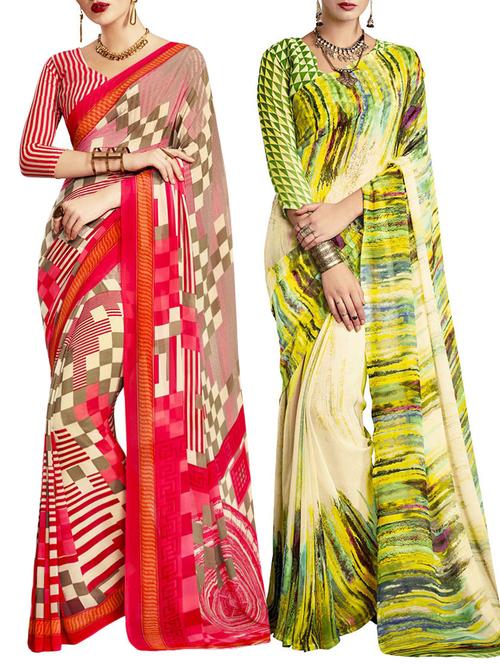multicolored poly crepe saree combo (set of 2) with blouse - 12946674 - Very Small Image - 1