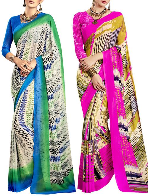 multicolored poly crepe saree combo (set of 2) with blouse - 12946683 - Very Small Image - 1