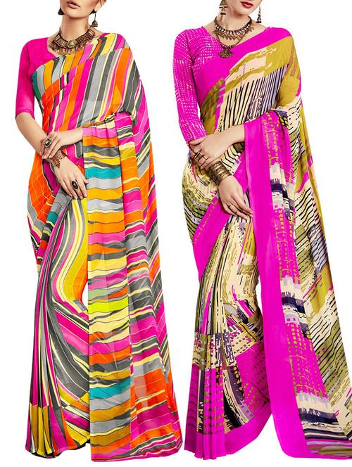 multicolored poly crepe saree combo (set of 2) with blouse - 12946687 - Very Small Image - 1