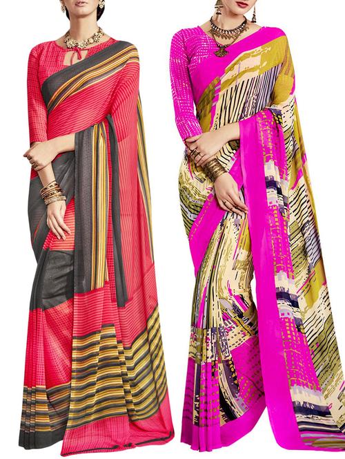 multicolored poly crepe saree combo (set of 2) with blouse - 12946688 - Very Small Image - 1
