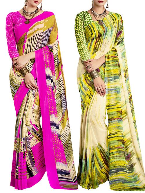 multicolored poly crepe saree combo (set of 2) with blouse - 12946691 - Very Small Image - 1