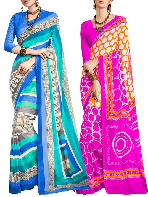 multicolored poly crepe saree combo (set of 2) with blouse - 12946721 - Very Small Image - 1