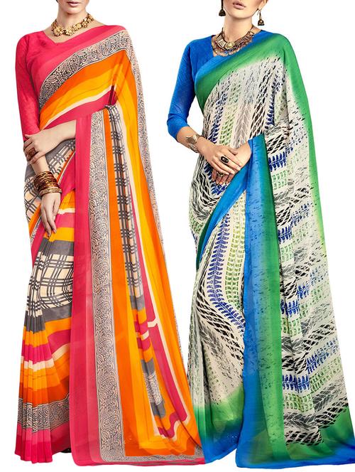 multicolored poly crepe saree combo (set of 2) with blouse - 12946729 - Very Small Image - 1