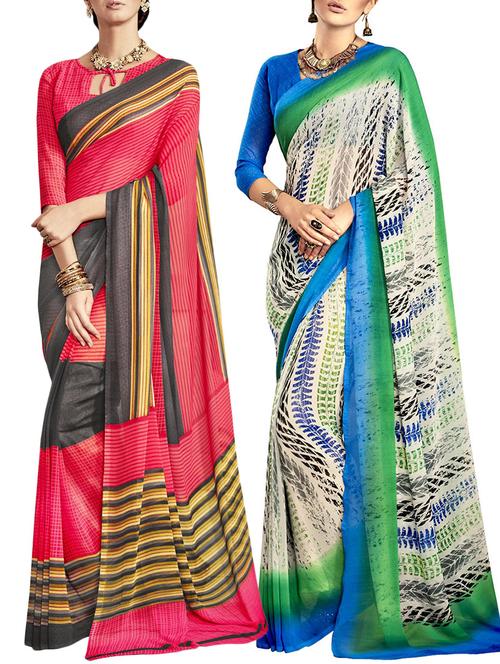 multicolored poly crepe saree combo (set of 2) with blouse - 12946733 - Very Small Image - 1