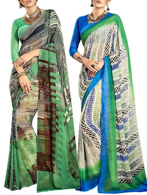 multicolored poly crepe saree combo (set of 2) with blouse - 12946740 - Very Small Image - 1
