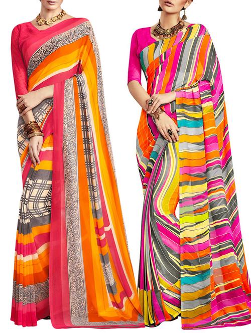 multicolored poly crepe saree combo (set of 2) with blouse - 12946745 - Very Small Image - 1