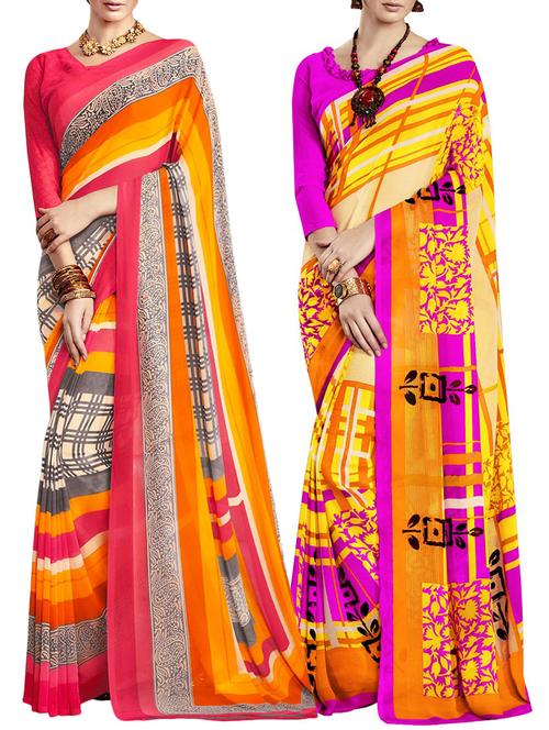 multicolored poly crepe saree combo (set of 2) with blouse - 12946752 - Very Small Image - 1