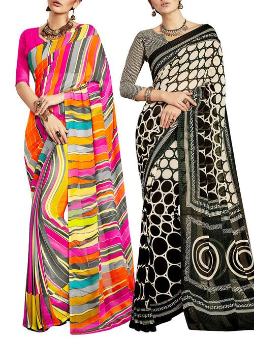 multi colored poly crepe combos saree with blouse - 12946780 - Very Small Image - 1