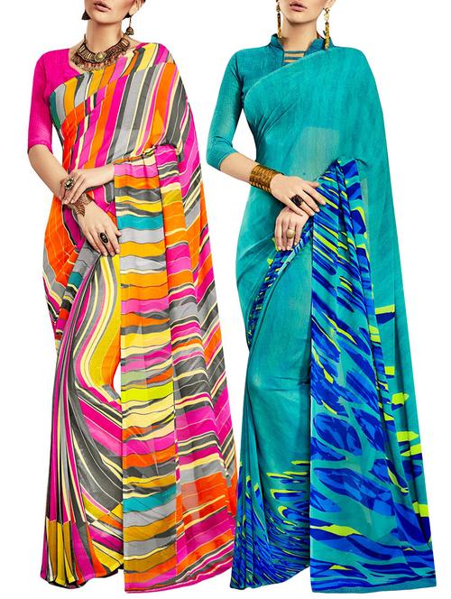 multi colored poly crepe combos saree with blouse - 12946783 - Very Small Image - 1