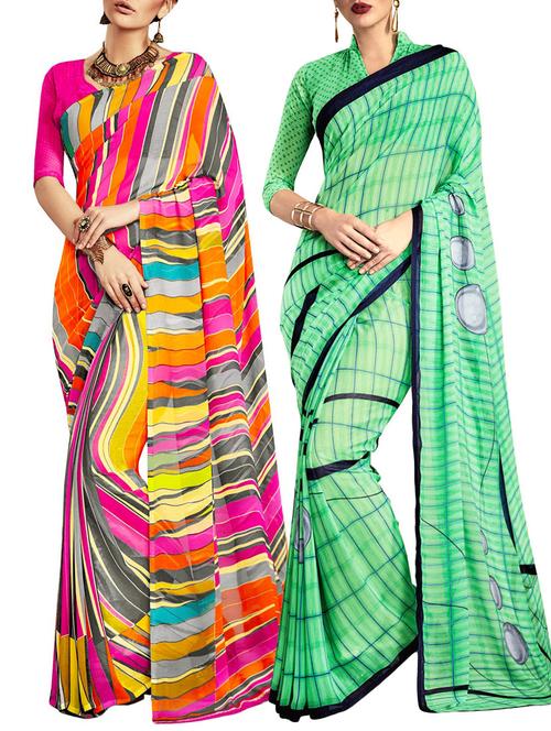 multi colored poly crepe combos saree with blouse - 12946784 - Very Small Image - 1