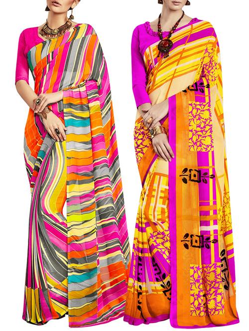 multi colored poly crepe combos saree with blouse - 12946785 - Very Small Image - 1