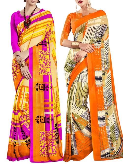 multi colored poly crepe combos saree with blouse - 12946830 - Very Small Image - 1