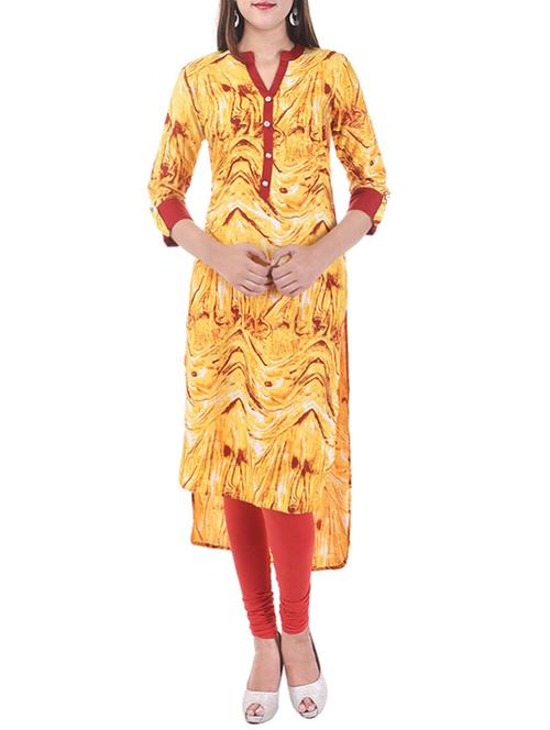 yellow cotton printed high-low kurta - 12949513 - Very Small Image - 1