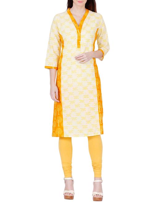 yellow cotton printed straight kurta - 12950169 - Very Small Image - 1