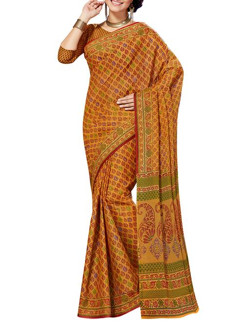 orange cotton printed saree with blouse - 12953190 - Very Small Image - 1