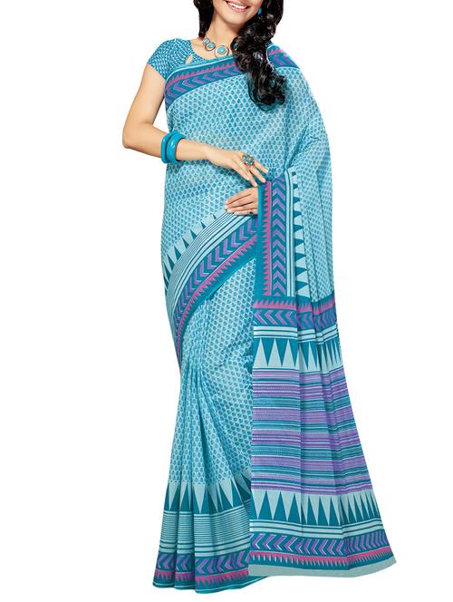 sky blue cotton printed saree with blouse - 12953203 - Very Small Image - 1