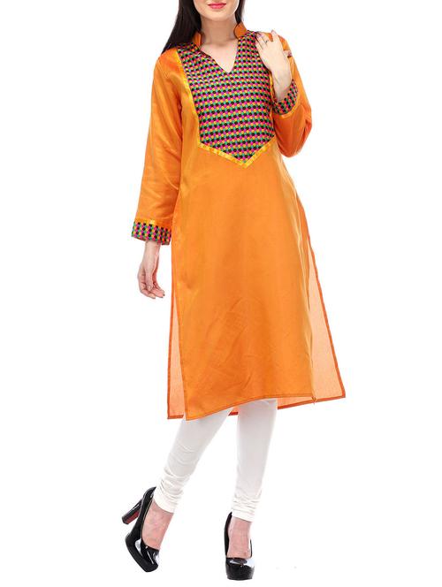 orange silk straight kurta - 12953588 - Very Small Image - 1